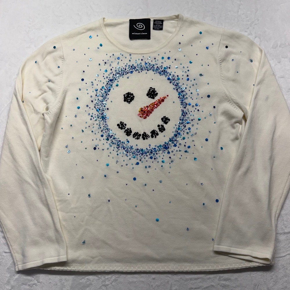 Michael Simon Vintage Snowman Sweater Womens L Beaded Sequin Christmas Y2K Ivory